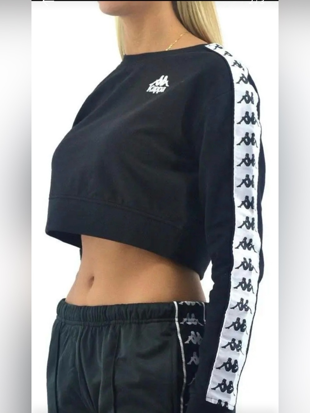 Kappa Black Cropped Logo Sweatshirt with White Tape